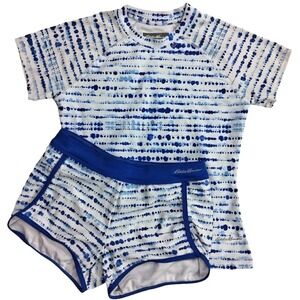 Eddie Bauer Girls 10 12 Blue White Swim Set Rash Guard Shirt Shorts 2pc Swimsuit